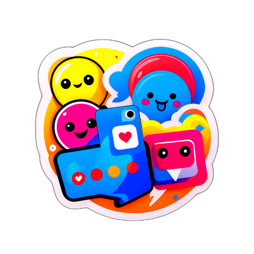 सोशल मीडिया के ट्रेंड्स और वायरल क्षणों की ऊर्जा को दर्शाते हुए खुशी भरा स्टिकर