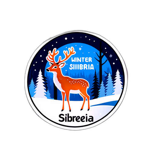 Олень на фоне снежного леса с текстом "Зима в Сибири"