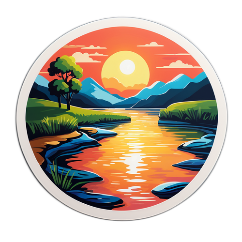 Tranh yên bình của dòng sông với hoàng hôn sau lũ