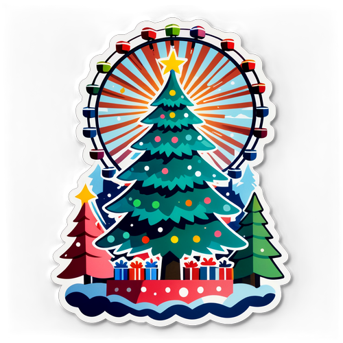 ミナトミライの夜景を背景にしたクリスマスツリーと観覧車のコラージュステッカー