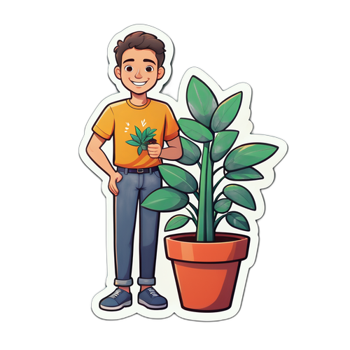 קריקטורה משמחת של עומרי רונן ליד צמח פנימי