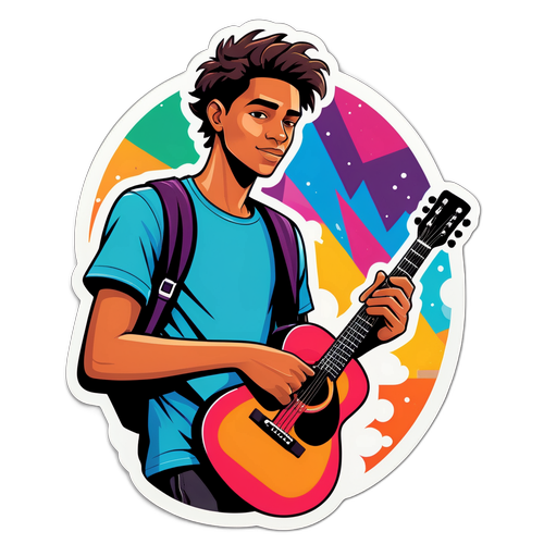 Design d'un autocollant d'un jeune homme avec une guitare