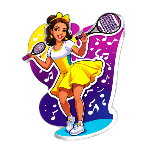 Vibrante sticker van een optreden met tennis en muzieknoten