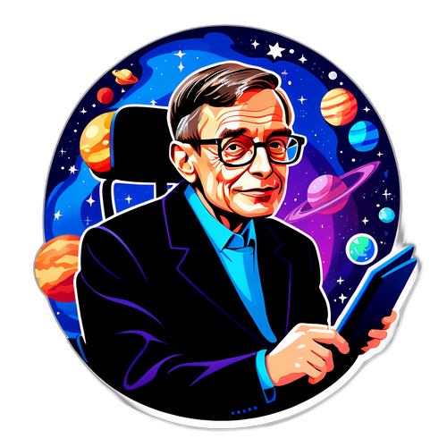 Cartoonish Illustration of Stephen Hawking with Galaxy Background