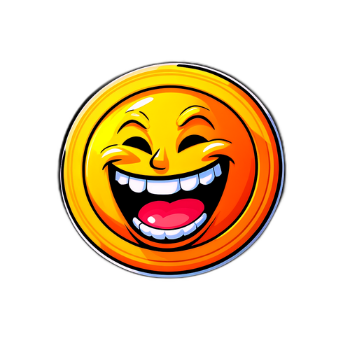 Sticker van een grote bitcoin met een lachende emoji