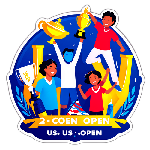 Сім'я, що святкує перемогу на US Open 2025 з медалями та трофеями