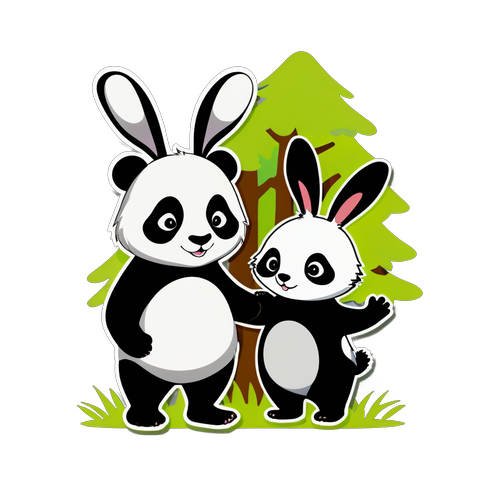 熊猫和兔子手牵手走在森林里