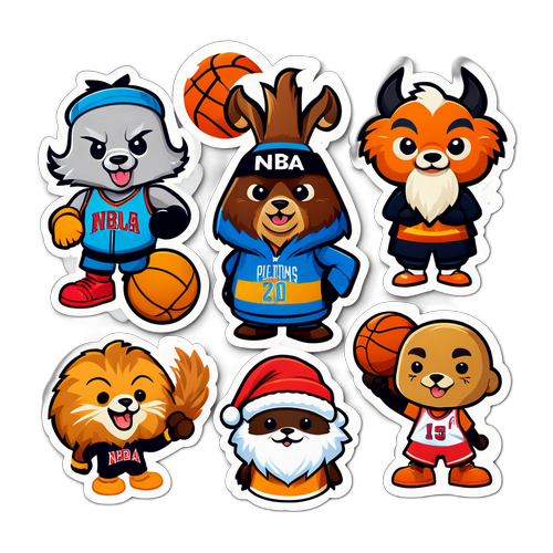 Autocollants des mascottes des équipes de la NBA en style cartoon avec des éléments festifs