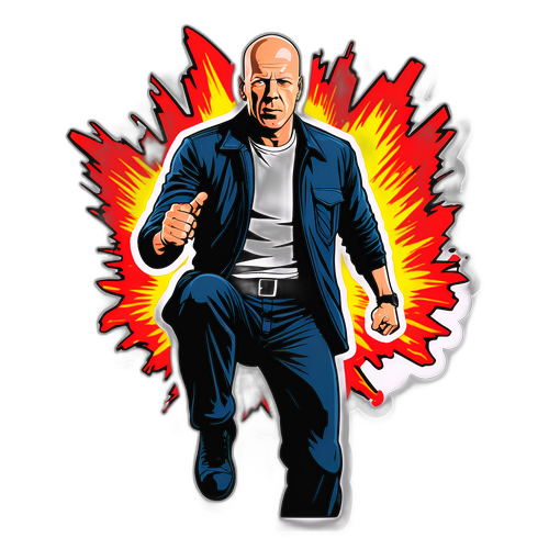 En klassisk klistermärke av Bruce Willis i sin ikoniska actionhjältepose