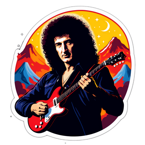 Ikonisches Porträt von Brian May mit seiner Gitarre