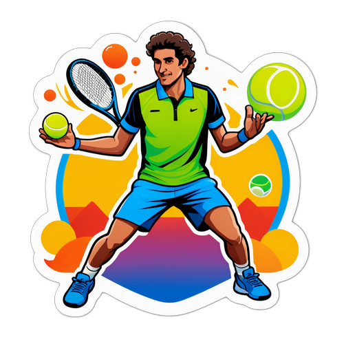 Väriä täynnä oleva tarrataideteos Flavio Cobollista tennismatsiin valmistautuessa