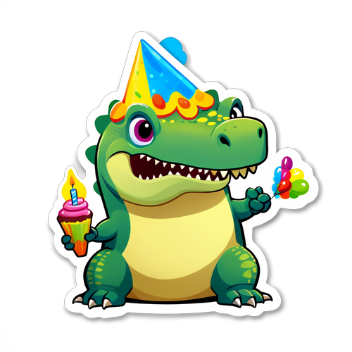 Masayang Dinosaur na May Birthday Cake: Ang Paborito mong Party Emoticon!