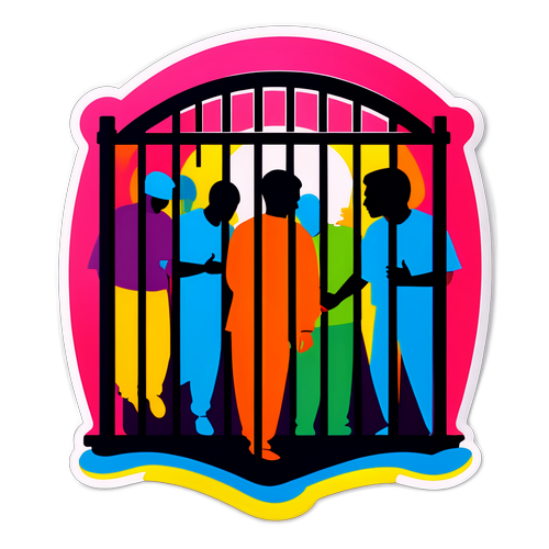 Gestileerde silhouetten van gevangenen achter tralies met een boodschap van hoop en vrijheid