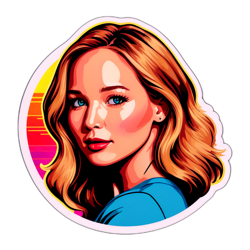 Sticker retro de Jennifer Lawrence con fondo vibrante de los 90