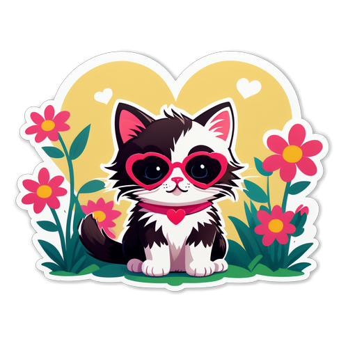 Cuteness Overload: Meet the Adorable Kitten Rocking Heart-Shaped Sunglasses in a Flower Paradise!