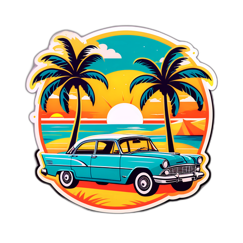 Stiker Bergaya Retro dengan Kereta Vintage dan Suasana Pantai