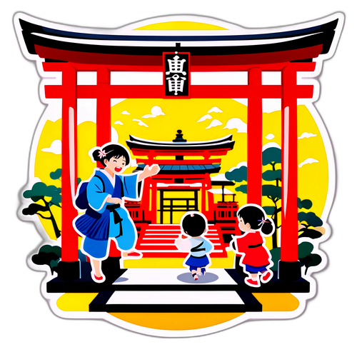 七五三を祝う子供たちと神社