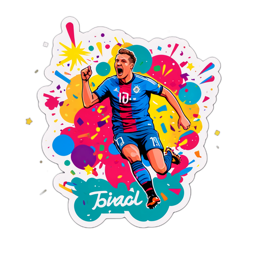 Autocolant cu Christoph Baumgartner celebrând un gol, cu o explozie de confetti
