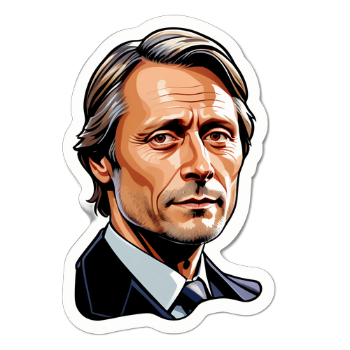 Karikatyr av Mads Mikkelsen med hans mest kända roller i bakgrunden