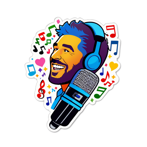 Bunte Aufkleber von Ross Antony am Mikrofon