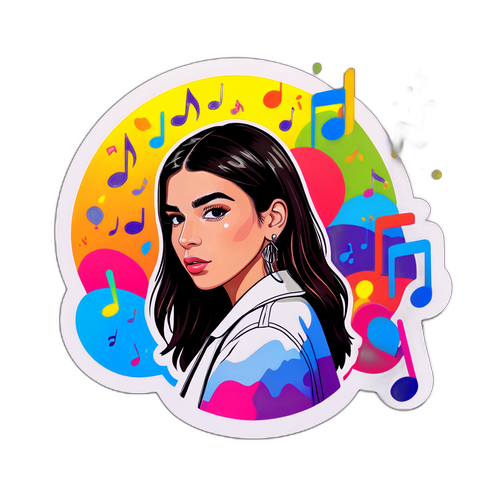 Dua Lipa met een kleurrijke achtergrond en muzieknoten