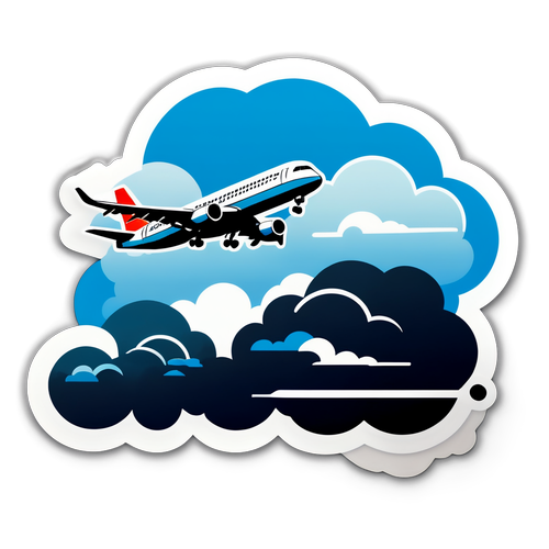 Sticker van Schiphol met een opstijgend vliegtuig en een stormachtige wolkenlucht