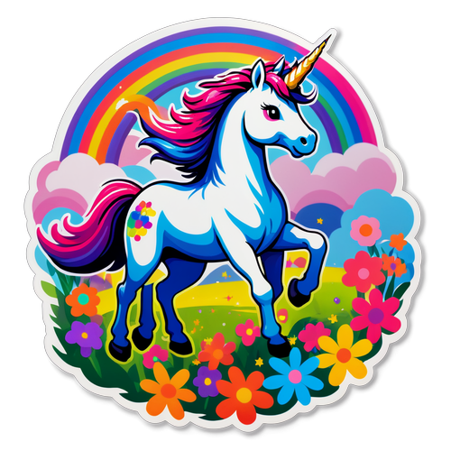 Magical Unicorn Flying Through Vibrant Flowers and Rainbows