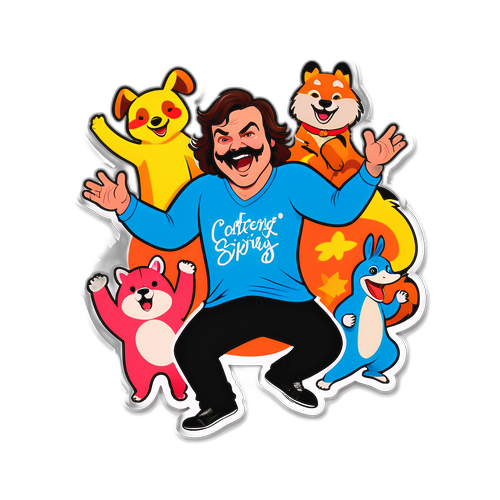 Energetyczny naklejka z Jackiem Blackiem tańczącym z zwierzętami