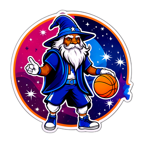 Desenho estilizado do mascote dos Wizards jogando basquete