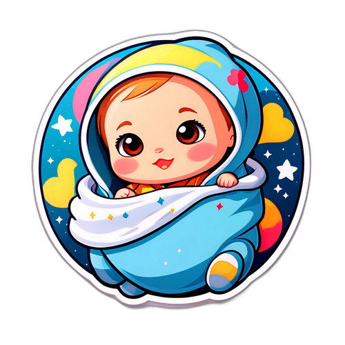 Стикер с милым анимационным персонажем, символизирующим рождение третьего ребенка Агафьи Мюценицэ