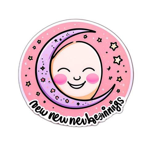 Une lune souriante sur un fond rose pastel