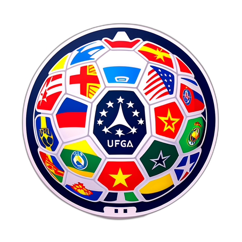 Стилизация логотипа Лиги чемпионов УЕФА в виде футбольного мяча, окруженного звездами и флагами команд