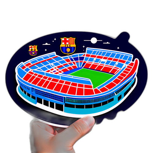 Sticker van het iconische Camp Nou stadion 's nachts