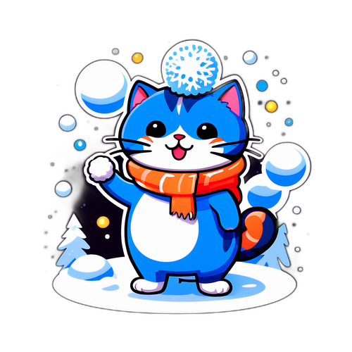 En söt tecknad katt som leker i snön