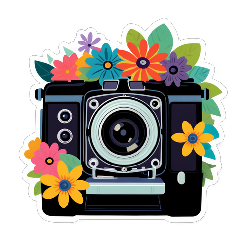 Vintage Camera with Colorful Flowers Sticker