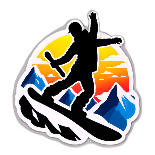 Silhouette de snowboarder au sommet d'une montagne avec un lever de soleil