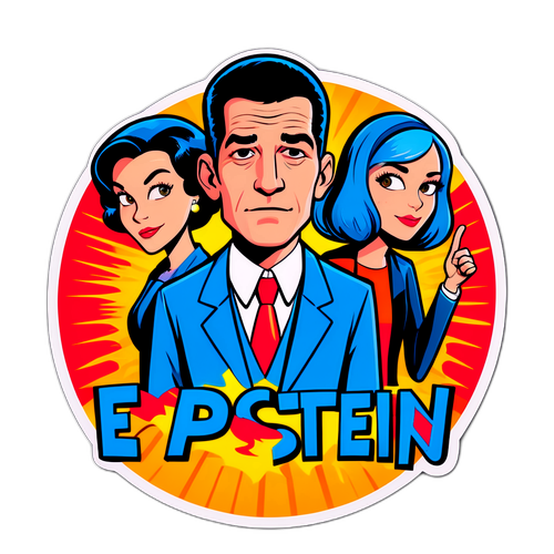 Комикс-стиль персонажи с надписью "Эпштейн" на таинственном фоне