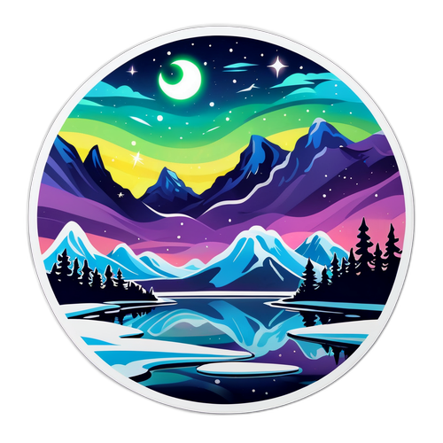 Стикер с Ямальским ламинированием на фоне северного сияния, оформленный в народном стиле