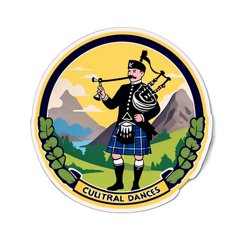 Diseño de una pegatina que muestra una escena cultural icónica de Escocia