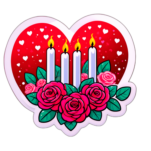 Nhãn dán Ngày Valentine với trái tim đầy hoa hồng và nến lung linh