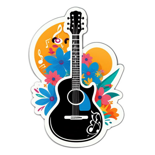 Adesivo de guitarra com flores e notas musicais