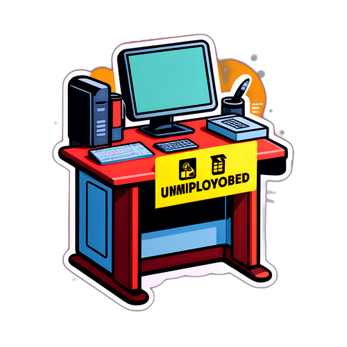 Sticker van een computerbureau met een 'werkloos' bord