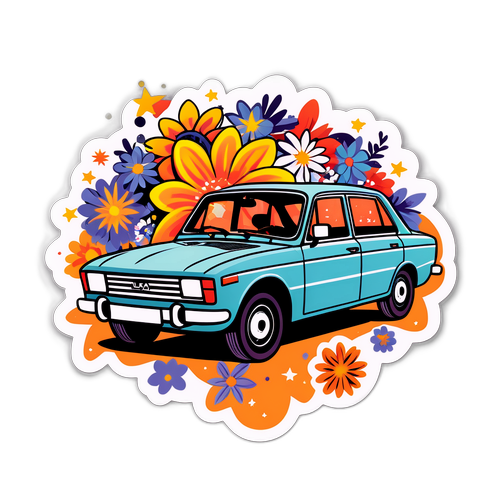 Наклейка с автомобилем Лада Азимут, украшенная цветами и звездами