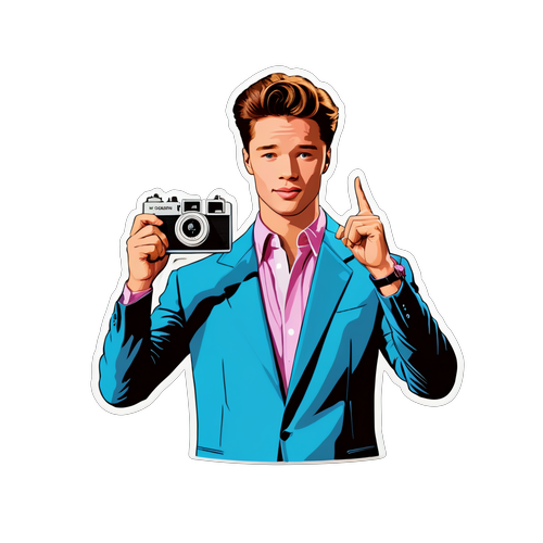 Adesivo retrô de Patrick Schwarzenegger como estrela de filme dos anos 80