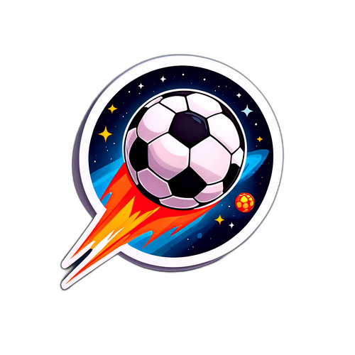 Diseño de un sticker futurista apuntando a 2025 con un balón de fútbol volando por el espacio