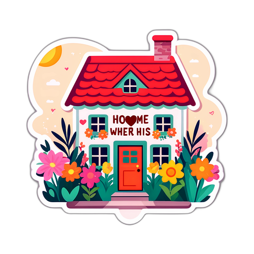Een gezellige sticker van een huis met bloeiende tuinplanten