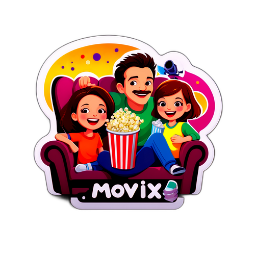 Autocollant Coloré des Personnages Profitant d'un Film au "Movix"