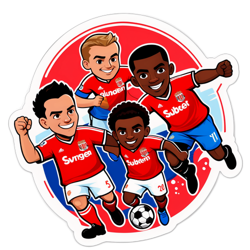 Leikkisä kuva Sunderlandin ja Evertonin joukkueista sarjakuvahahmoina ystävällisessä kilpailutilanteessa