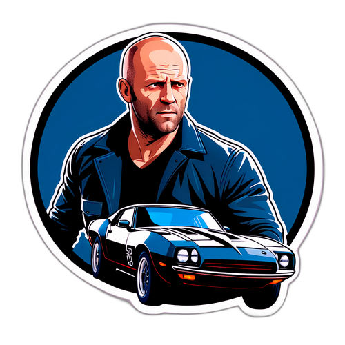 Pegatina de Jason Statham en su personaje más famoso, conduciendo en una persecución