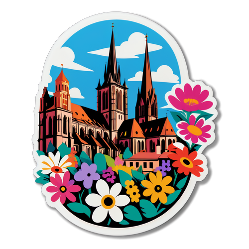 Sticker représentant la cathédrale emblématique de Strasbourg avec des fleurs